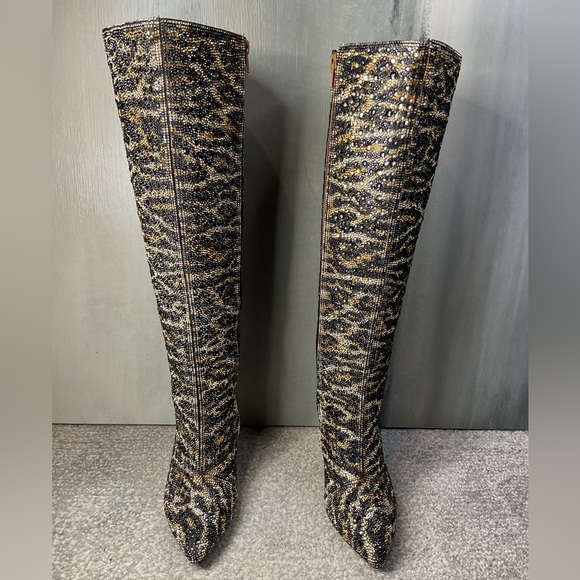Betsey Johnson Brea Leopard Rhinestone Tall Boots NIB Stiletto Pointed Toe - Picture 2 of 14
